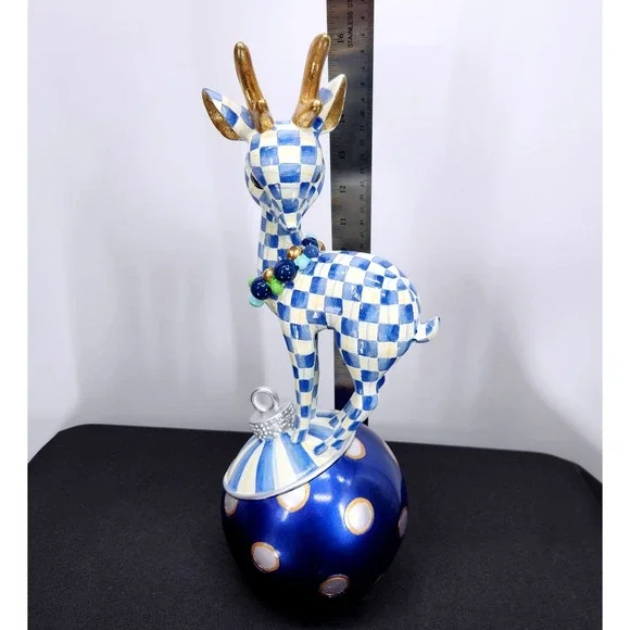 Mackenzie-Childs Royal Check Deary Deer on Ornament - Gold Antlers Holiday 16" - Picture 2 of 16
